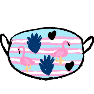 a light blue, light pink and white striped face mask with 2 of each, blue leaves, black hearts and flamingos
