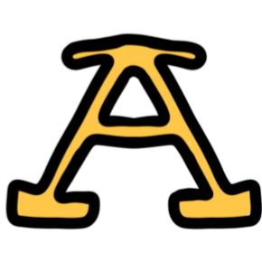 the Greek letter alpha in yellow with black outline.