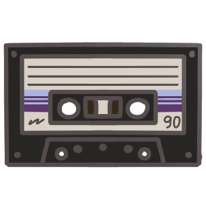 a cassette tape. It has light and dark purple stripes in the middle part.
