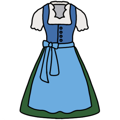 a Tracht-style (as opposed to tourist-style) Dirndl. It has a short-sleeved white blouse with scalloped edges, a blue buttoned vest, a light blue apron tied at the right, and a green skirt.