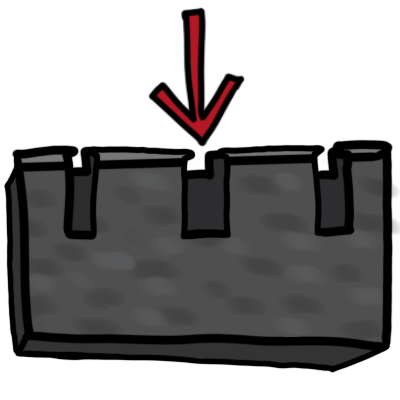 the top of a grey castle wall with a red arrow pointing to a crennelation.