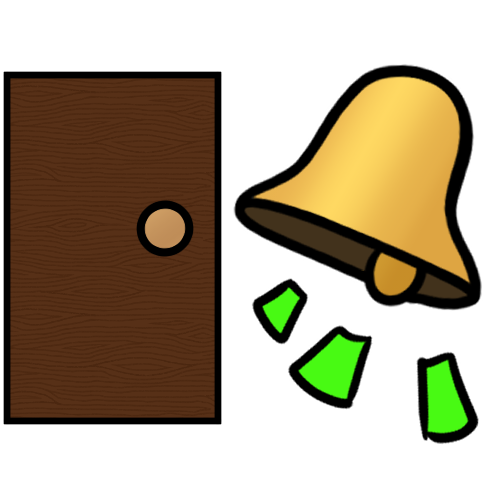 A brown wooden door, next to a large golden bell. Green lines coming from the bell indicate that it is ringing.