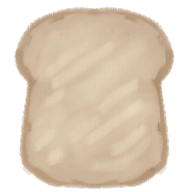 A simple paint like drawing of a slice of bread, a dirty, pale cream color with a darker outline. A light butter like color is over the main part of the bread.