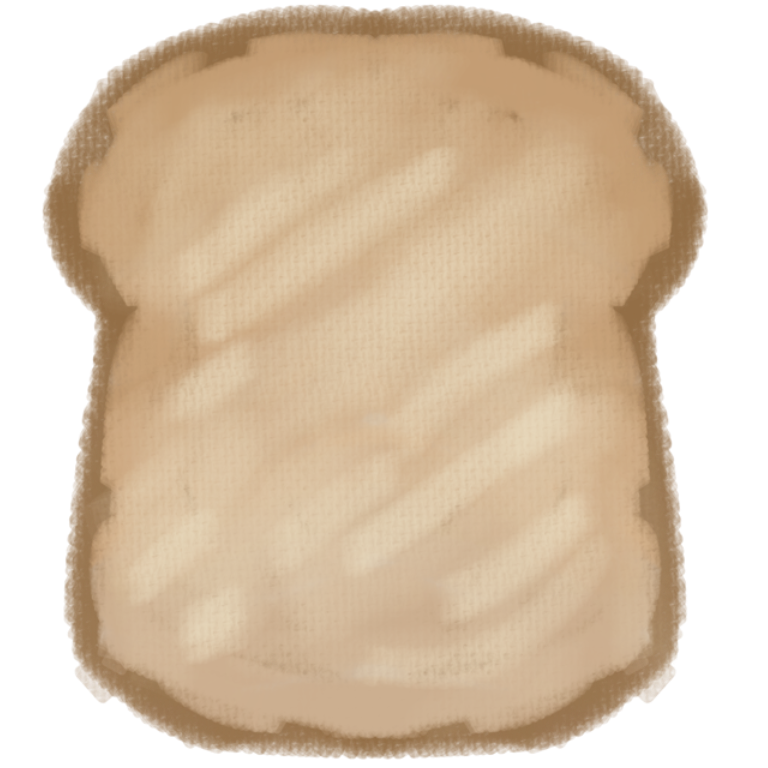 A simple paint like drawing of a slice of toast, a slightly dark tinted brown fading towards a dirty, pale cream color with a darker outline. A light butter like color is over the main part of the toast.