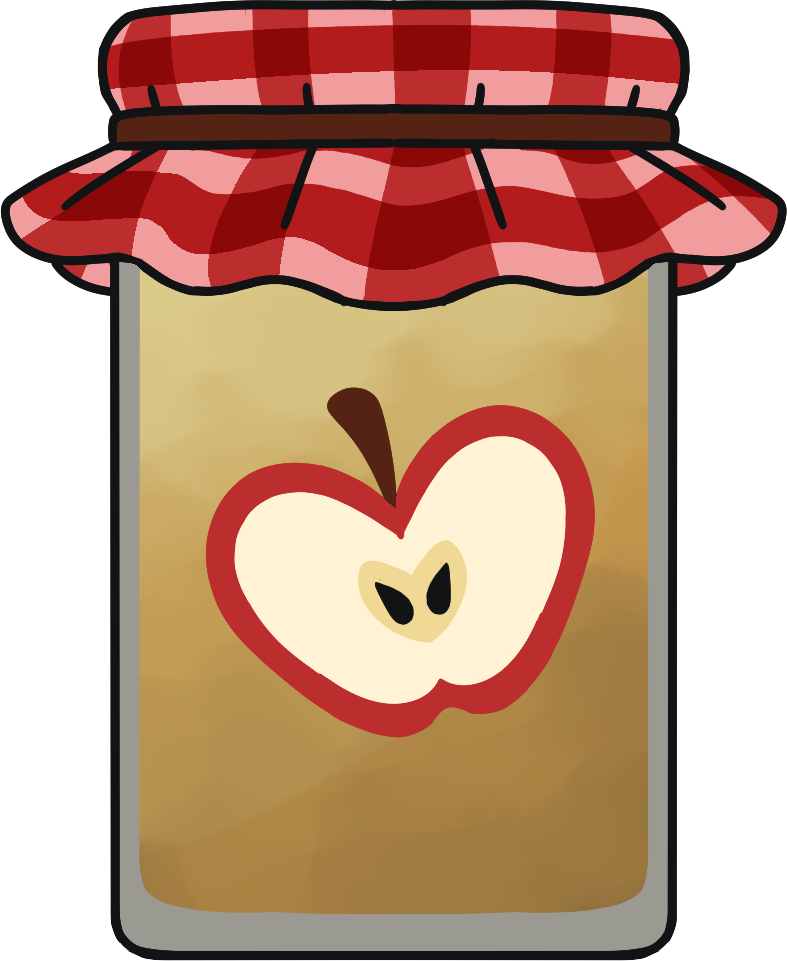 a jar with a red checkered fabric lid, a slice of apple on the front as a label, and a cloudy light brown inside the jar.