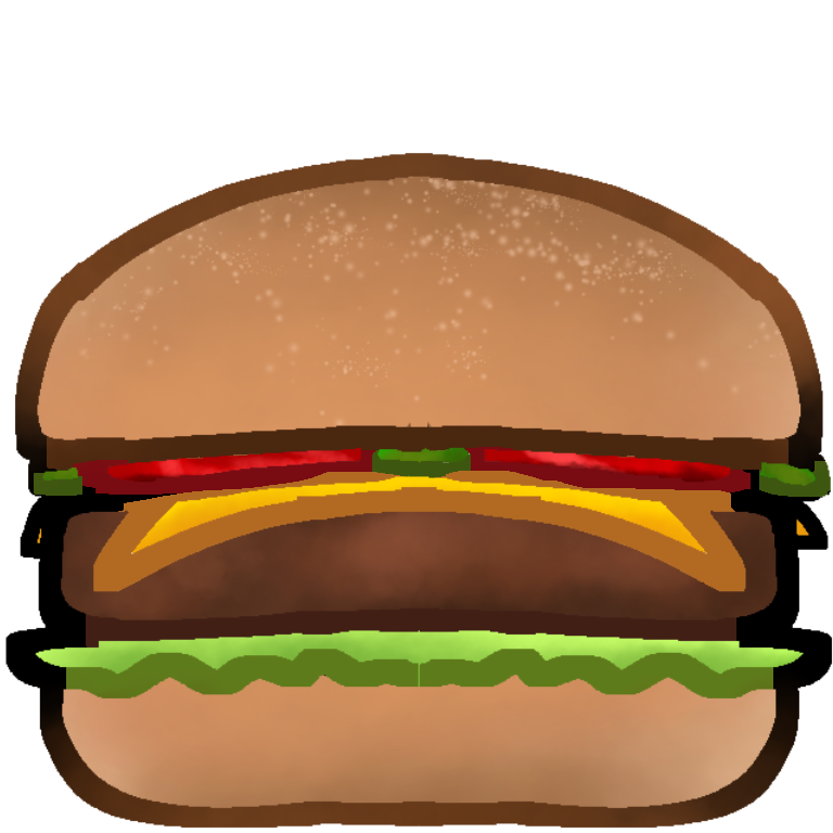 A drawing of a burger; it contains tomatoes, cheese, patty, and lettuce within a plain tan bun.