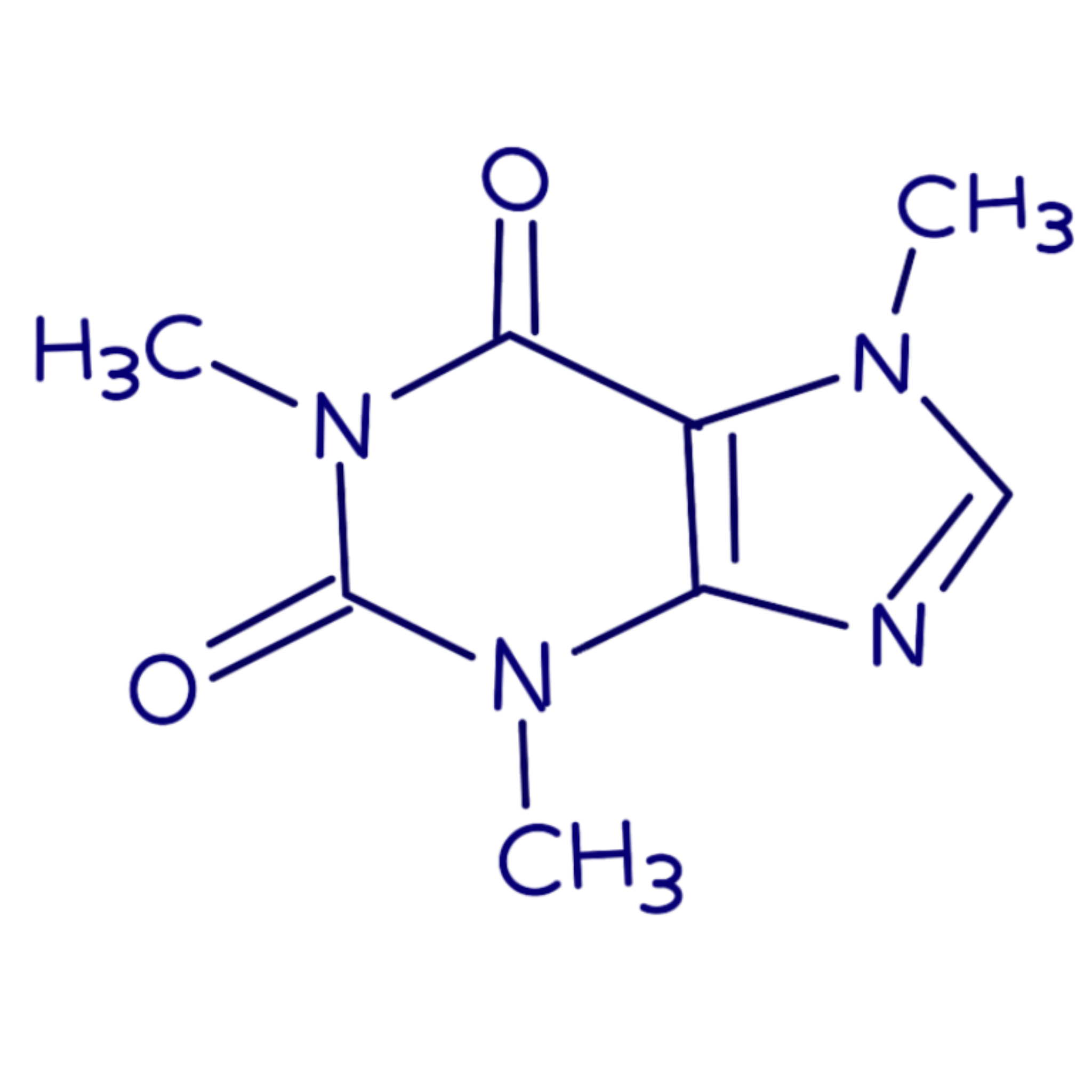 a dark blue diagram of the chemical make up of caffeine. It is made up of lines and various letters and numerals.