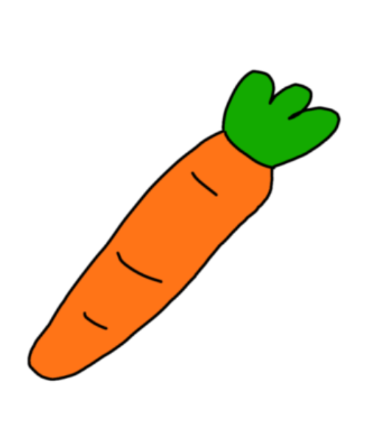 drawing of an orange carrot with green leaves.