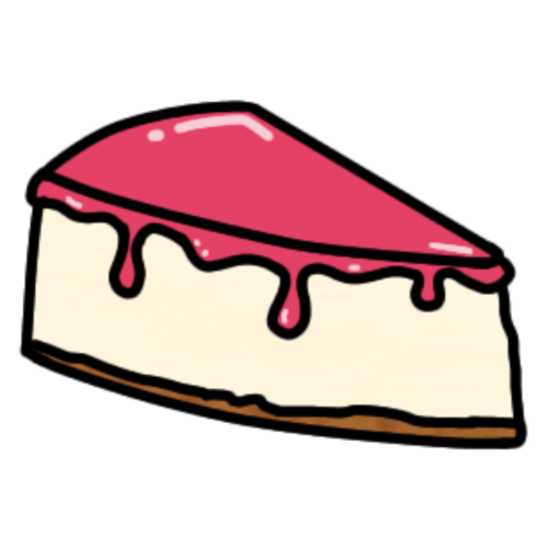 A slice of cheesecake with a brown crust and some kind of berry sauce poured over the top and dripping down the side. it is surrounded by a white outline.