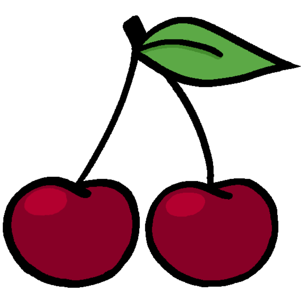 Two cherries connected by their stem that has a single leaf at the top.