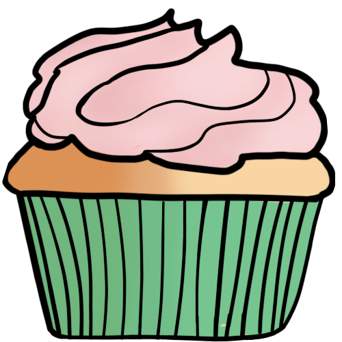 a light brown cupcake in a cool-green case with light pink frosting.