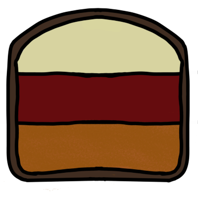 a cross-section of a Dominostein, which is a small square-ish treat. it has a layer of gingerbread below a layer of jam below a layer of marzipan, and around it all is a chocolate coating.