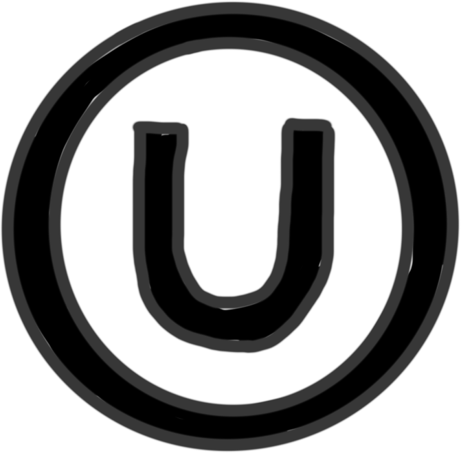 A drawing of a black circle with a black U inside of it.