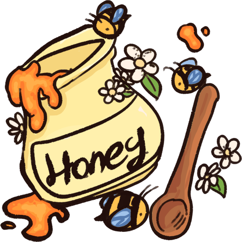 a pot of honey with honey spilling out of it. there are white flowers, bees, and a wooden spoon around it.