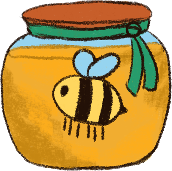 A drawing of a round jar of honey, with a bee on the front and a green ribbon tied around the lid.