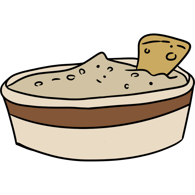 a beige circular container with a brown stripe holding a peaked mound of sand colored hummus with a triangular yellow chip dipped in on the right.