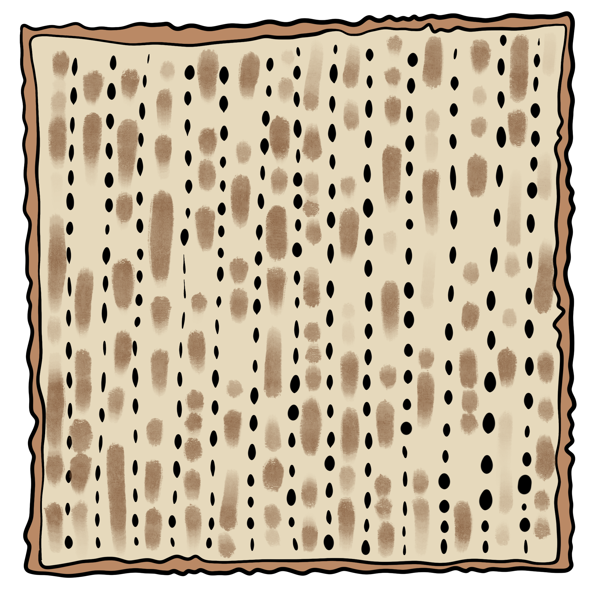 square light tan colored sheet of matzah with light brown speckles and vertical rows of puncture marks and a light brown border.