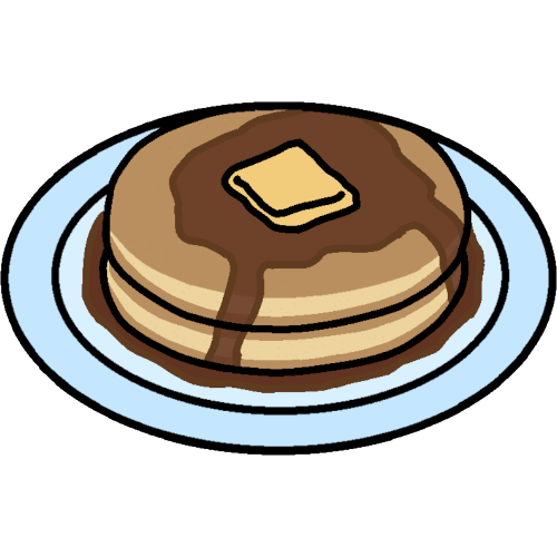 a stack of two pancakes on a blue plate topped with butter and syrup.