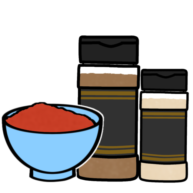 a light blue bowl with red powdered spices in it. it is in front of two genergic plastic spice bottles, one is taller and filled with light brown powder and the other is smaller and filled with white powder.