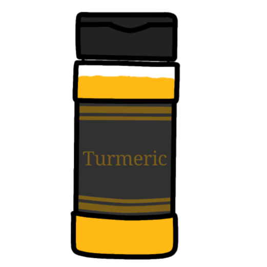 A spice bottle filled with turmeric. It has a black lid and a black label with gold detailing and 'Turmeric' written in the same gold color.