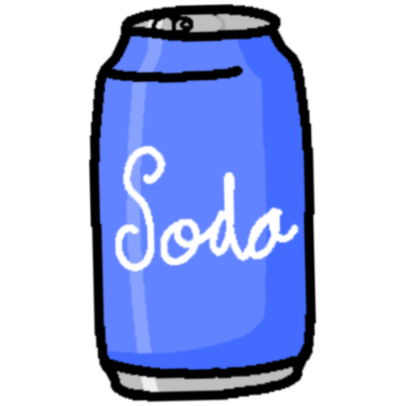 a blue soda can with a silver top and bottom, it has the word 'Soda' on the front in cursive writing.