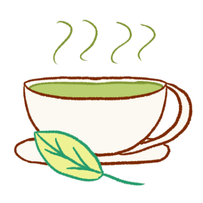 A drawing of a cup of green tea, with a leaf next to the mug.