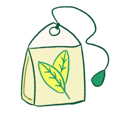 A drawing of a pale green tea bag with two leaves drawn on it.