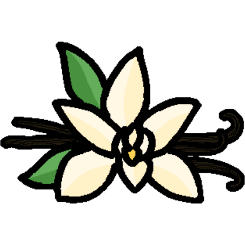 A vanilla flower with three vanilla beans behind it.