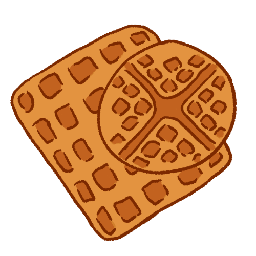 A drawing of two waffles, with a round one in front of a square one.