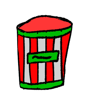 a lump of red water ice in a red and white stripped cup bit green lines on the top and bottom with a green rectangle in the middle with squiggles