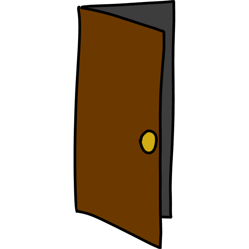 a slightly open brown door with a yellow handle