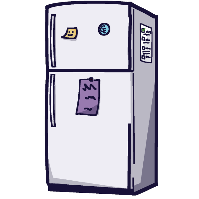 A white refrigerator at a three-fourths angle with various items attached. On the front, there is a sticky note, a magnet, and a memo paper. On the side, a checklist is attached.