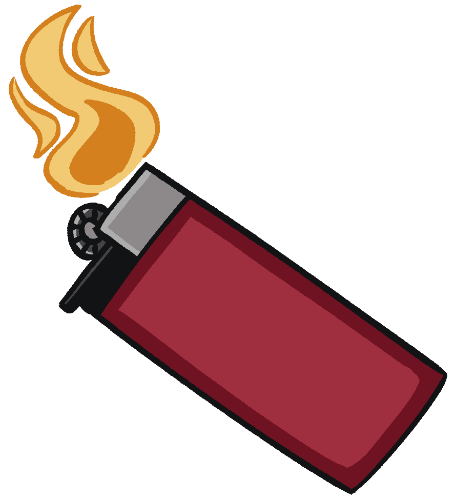 A red lighter with a flame coming from it.