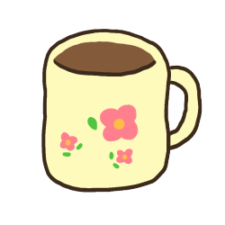 A mug with a brown liquid inside it. It is pale yellow with pink flowers and green leaves.