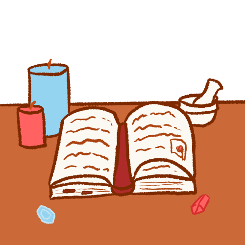 a simple drawing of an open grimoire sitting on a desk, with bookmarks in its pages. around it are a pair of candles, two small crystals, and a mortar with pestle. the ‘wall’ is transparent.