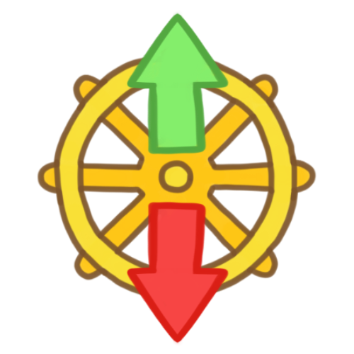 a dharma wheel with a green arrow pointing up, and red arrow pointing down in front of it.