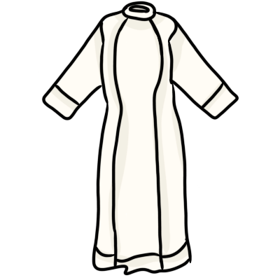 a white alb, a long liturgical garment like a dress.