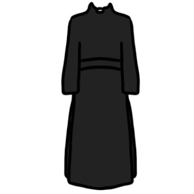 a black cassock with a clerical collar.