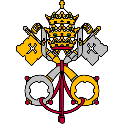 The Catholic emblem of the 'keys of Saint Peter,' a gold and silver key crossed over each other, bound by red thread, with the papal crown placed above them.