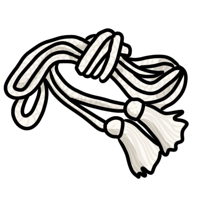 a white cinture, a woven rope with a tassel on either end. It is tied loosely for storage.