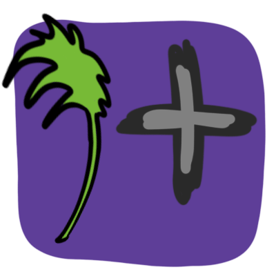 a palm leaf and a grey cross on a purple backdrop.