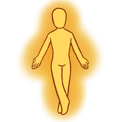 an emoji yellow person floating with their arms out by their sides and one of their legs crossed over the other. there’s a large halo-like yellow circle behind their head.