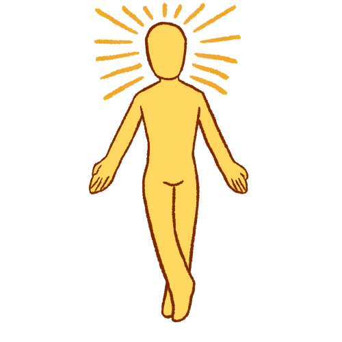 an emoji yellow person floating with their arms out by their sides and one of their legs crossed over the other. their head has yellow emphasis lines around it.