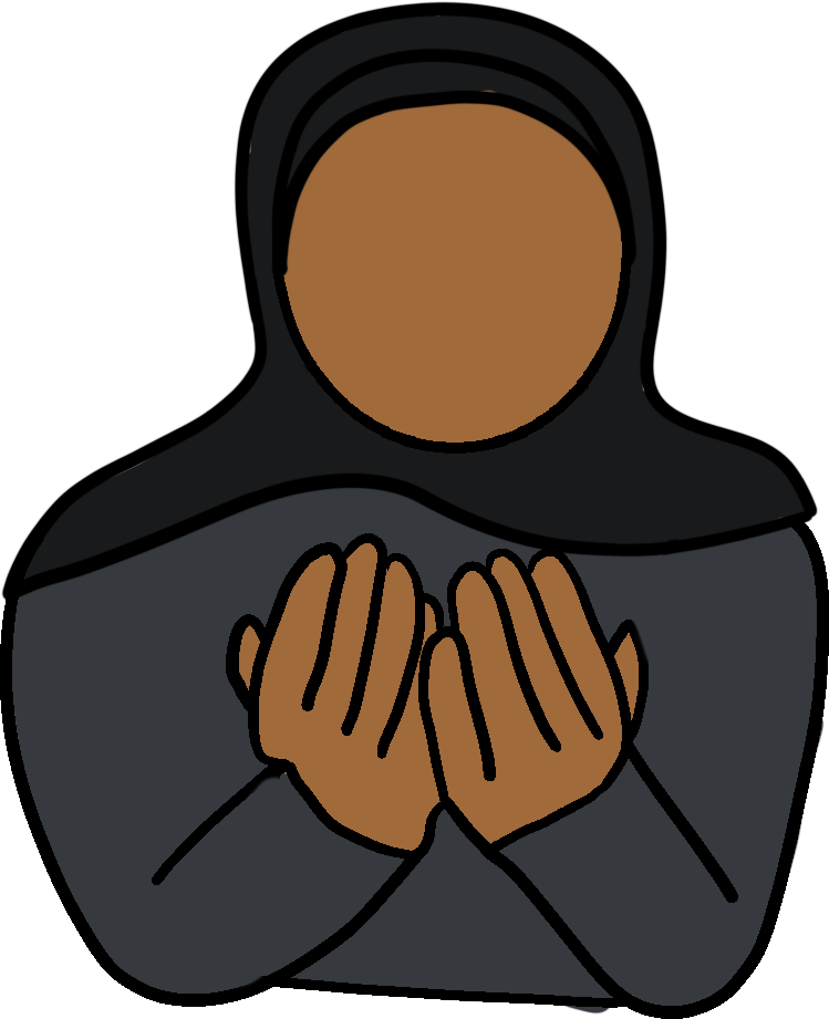 a featureless person with brown skin wearing a black hijab and abaya, their hands raised in front of them in prayer.