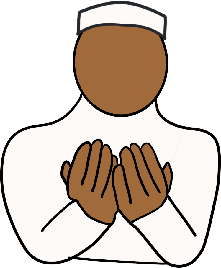 a featureless person with brown skin wearing a white kufi and thobe, their hands raised in front of them in prayer.