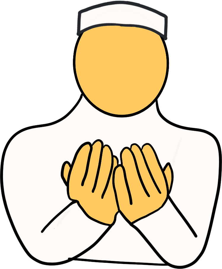 a featureless person emoji yellow skin wearing a white kufi and thobe, their hands raised in front of them in prayer.