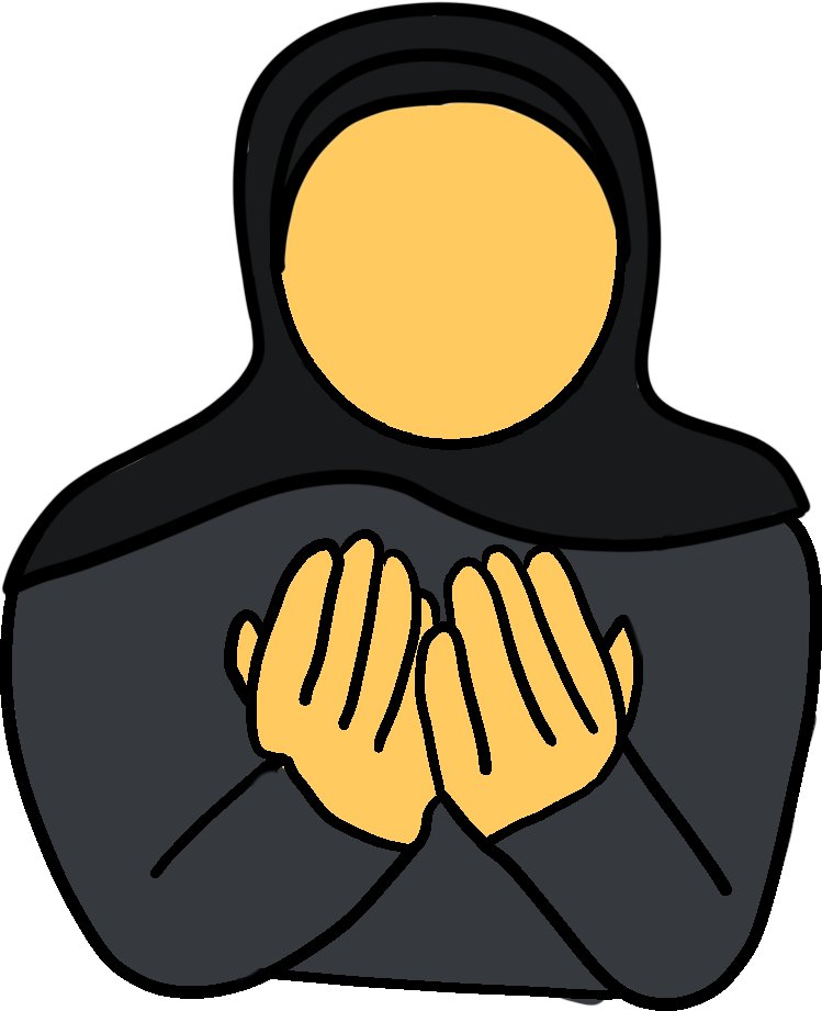 a featureless person with emoji yellow wearing a black hijab and abaya, their hands raised in front of them in prayer.