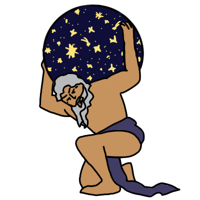 the Titan Atlas carrying the heavens, a dark blue sphere covered in stars. he's crouching and grimacing under the weight of it. he has light brown skin, silver hair and beard, and a fadd purple loincloth.