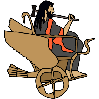 The Greek god Hephaestus, god of the Forge. He's in his winged chariot, which is like a wheelchair, and holding a hammer. He has long black hair and a black beard, light olive skin, and his robes are dark grey and orange like lava down the side of volcano.