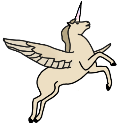 a cream-colored rearing horse with wings on its sides and a horn on its forehead.